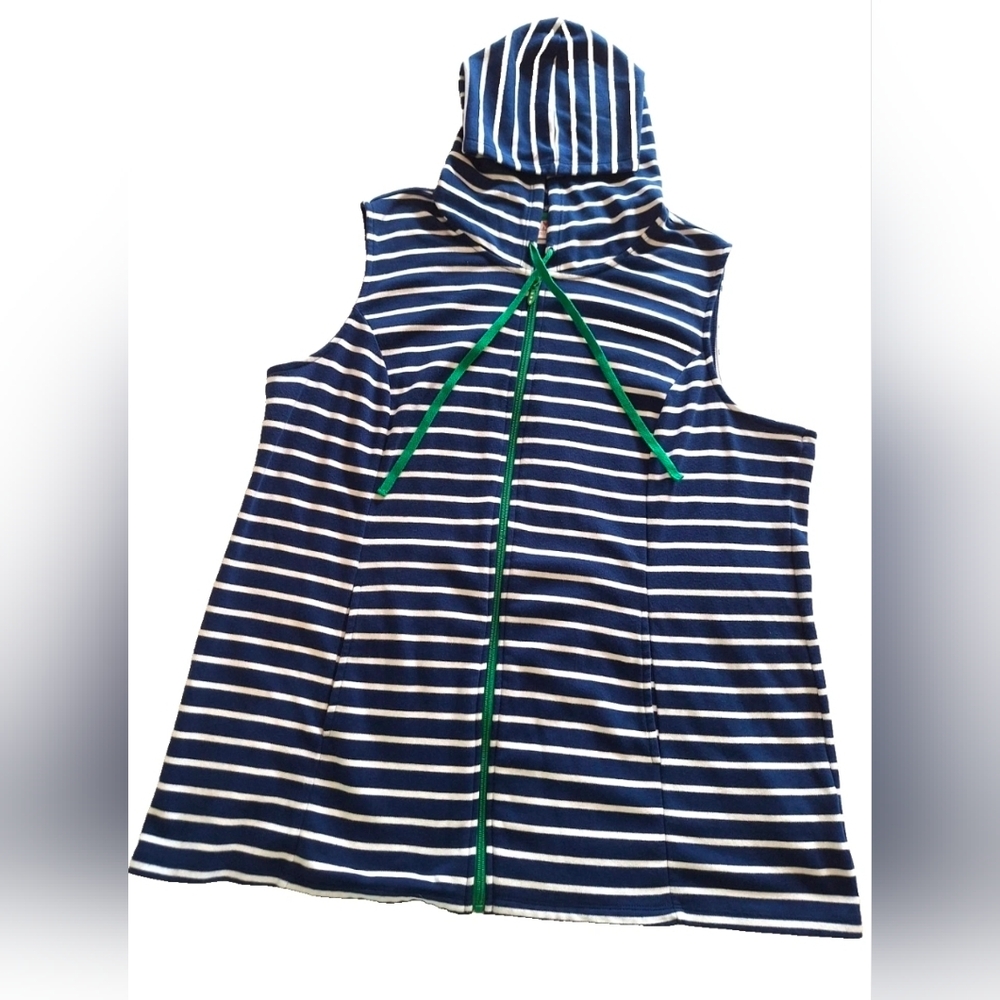 Hoodie Zip Vest 1X, Quacker Factory Y2K Blue Striped Sleeveless Slit pockets - Picture 3 of 9
